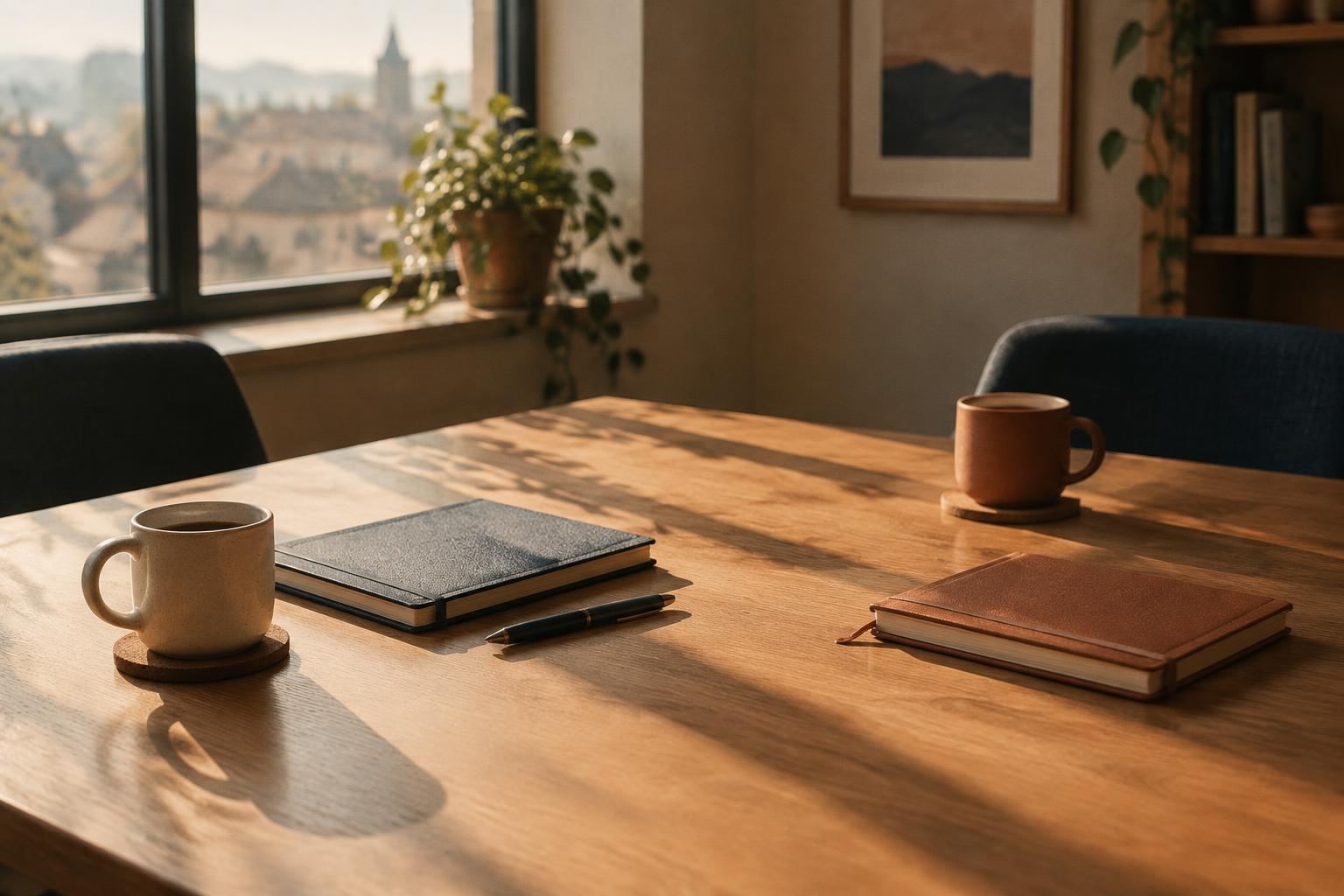 A quiet meeting table by a window with notebooks and two cups of coffee