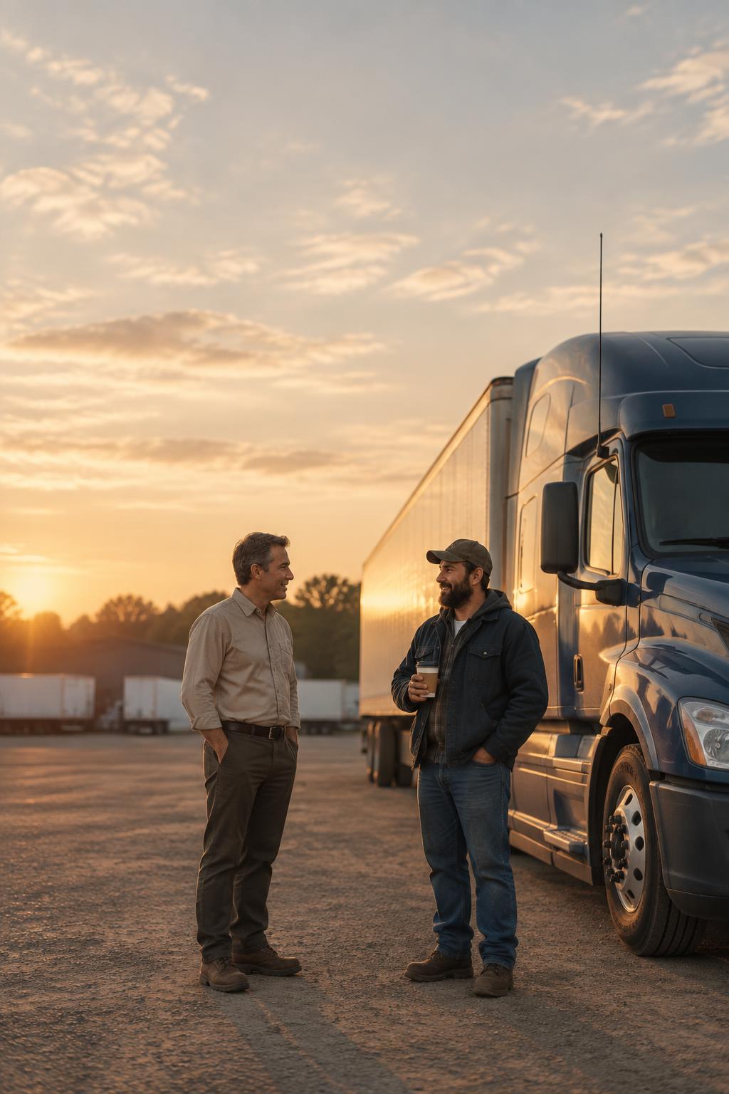 A fleet manager and a truck driver talking beside a parked rig at the end of the day